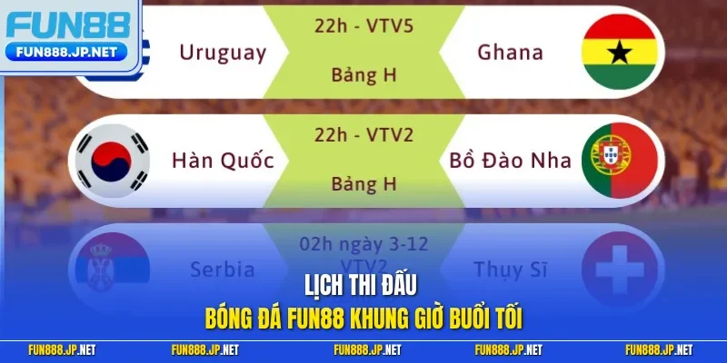 Lịch thi đấu bóng đá FUN88 khung giờ buổi tối 